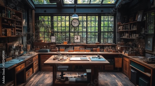 A well-lit workshop with wooden furniture and a large skylight. There are many tools and supplies on the shelves and workbenches, and a clock hangs from the ceiling.