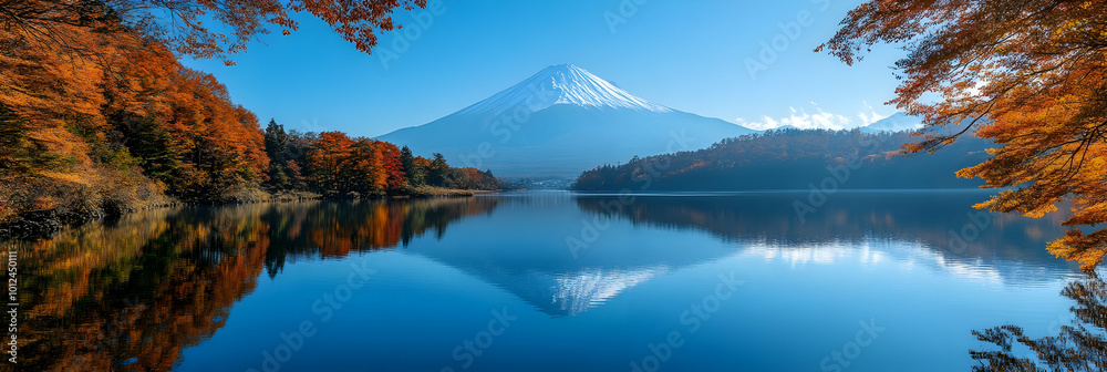 Serene Autumn Lake Reflection Photo - Mount Fuji, Japan Serene Autumn Lake Reflection Photo - Mount Fuji, Japan