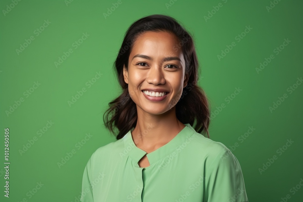 portrait of smiling asian woman in green shirt against green background portrait of smiling asian woman in green shirt against green background