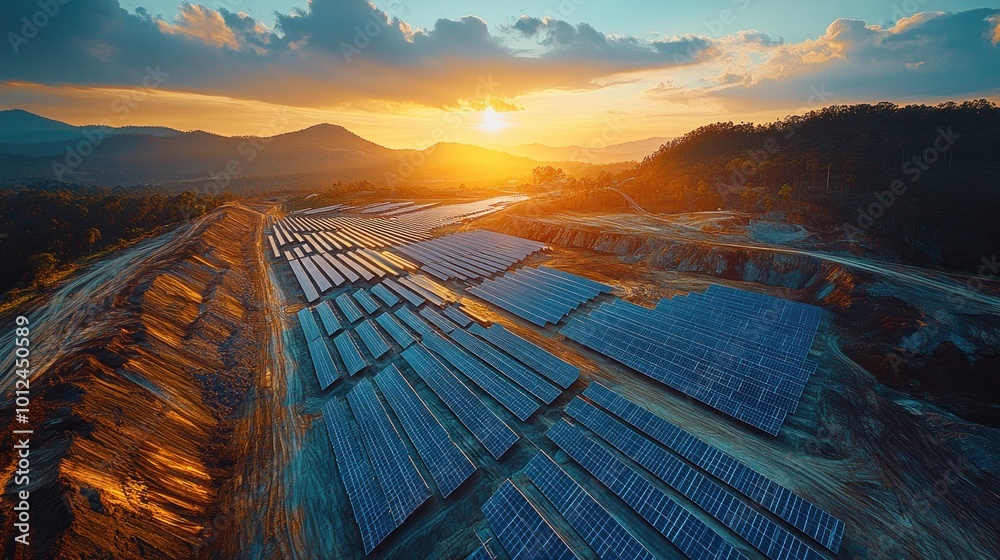Aerial view of a large solar farm with rows of solar panels at sunset. Aerial view of a large solar farm with rows of solar panels at sunset.
