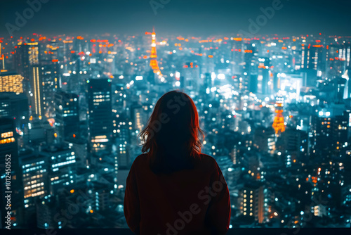 Wallpaper Mural Woman Gazing at Tokyo Cityscape at Night - Photo Torontodigital.ca