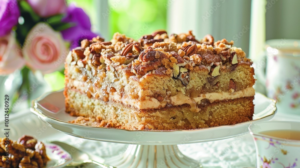 Delicious cake with nuts and creamy filling on display Delicious cake with nuts and creamy filling on display