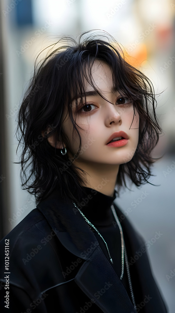 Photo Young Woman Black Hair Messy Hairstyle City Fashion Photo Young Woman Black Hair Messy Hairstyle City Fashion