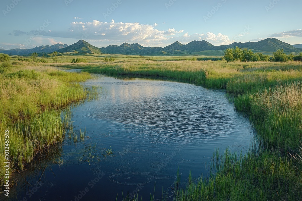 A calm river meanders through a grassy valley with rolling hills in the distance. The sky is a clear blue with a few white clouds. A calm river meanders through a grassy valley with rolling hills in the distance. The sky is a clear blue with a few white clouds.