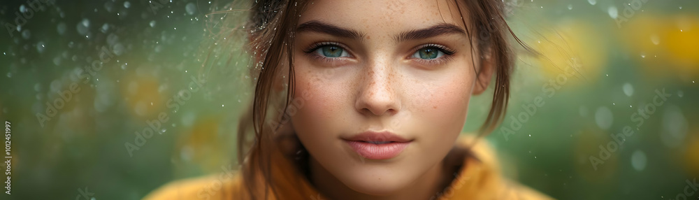 Realistic Photo: Girl with Freckles and Blue Eyes in Rain Realistic Photo: Girl with Freckles and Blue Eyes in Rain