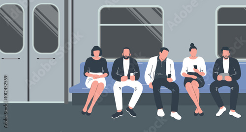 People on the Subway. Men and Women Sitting, Looking at their Smartphones. People Travel on Public Transport. Windows, Seats, Handrails, Doors. Vector Illustration