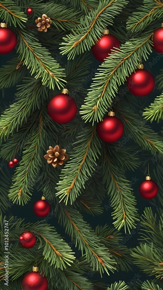 Festive Pine Branches with Red Baubles and Golden Pinecones Festive Pine Branches with Red Baubles and Golden Pinecones