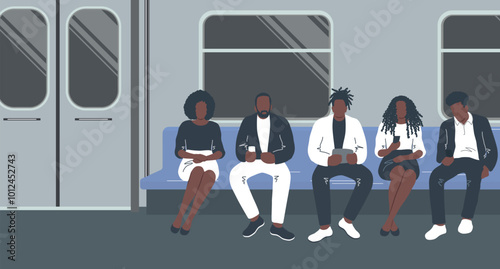 People on the Subway. Black Men and Black Women Sitting, Looking at their Smartphones. People Travel on Public Transport. Windows, Seats, Handrails, Doors. Vector Illustration