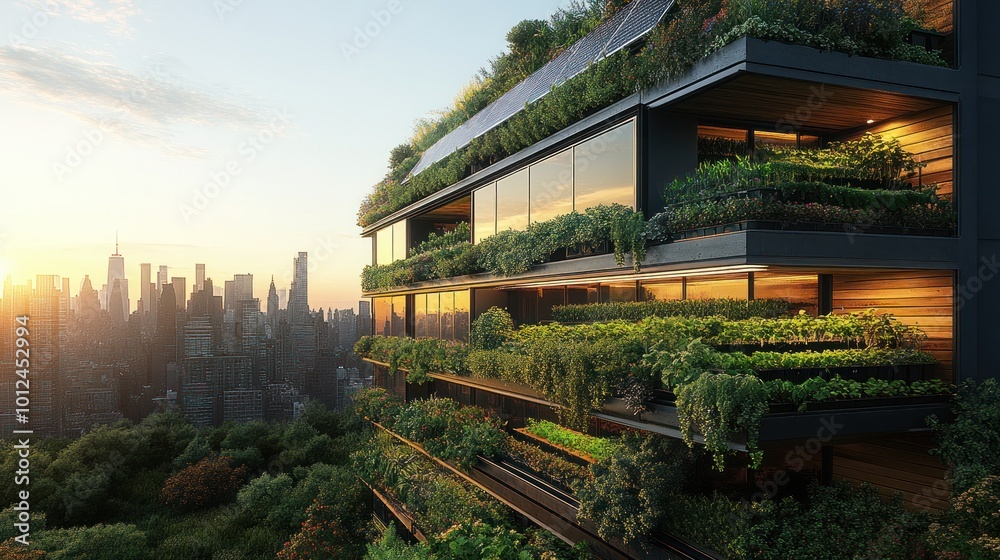 A modern building with lush greenery on its exterior, showcasing sustainable architecture with a city skyline in the background. A modern building with lush greenery on its exterior, showcasing sustainable architecture with a city skyline in the background.