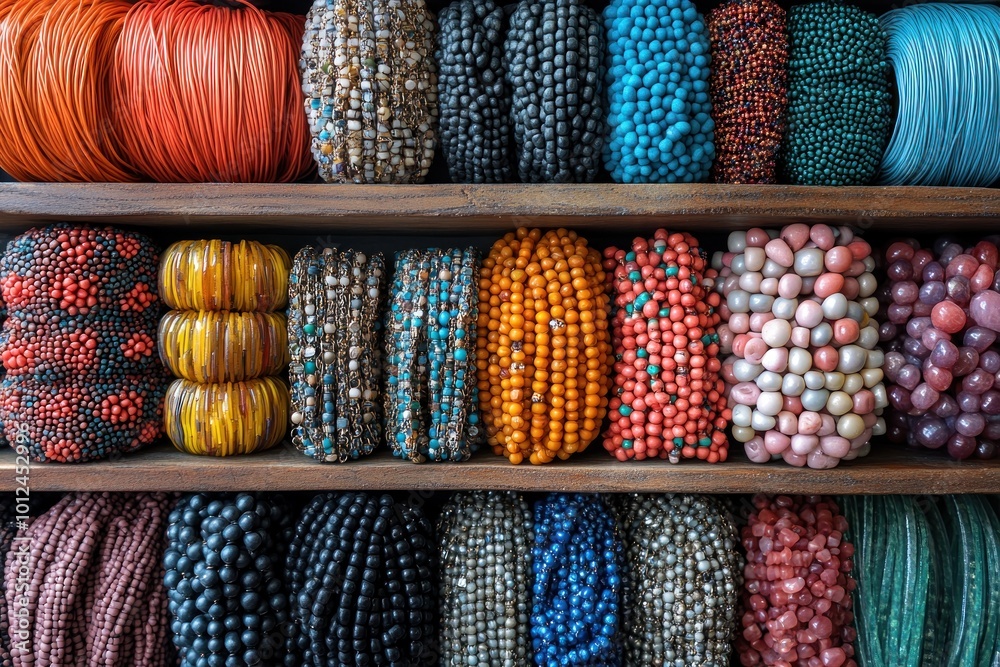 A shelf full of colorful beads and strings for jewelry making. A shelf full of colorful beads and strings for jewelry making.