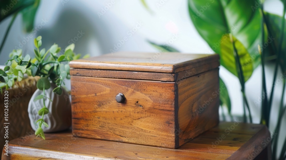 Rustic wooden box on a table with greenery backdrop Rustic wooden box on a table with greenery backdrop