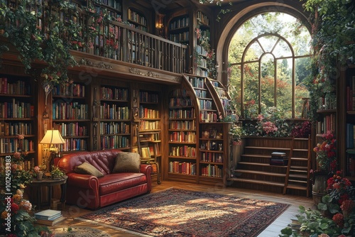 A cozy library with a large window, a red leather couch, and bookshelves filled with books.