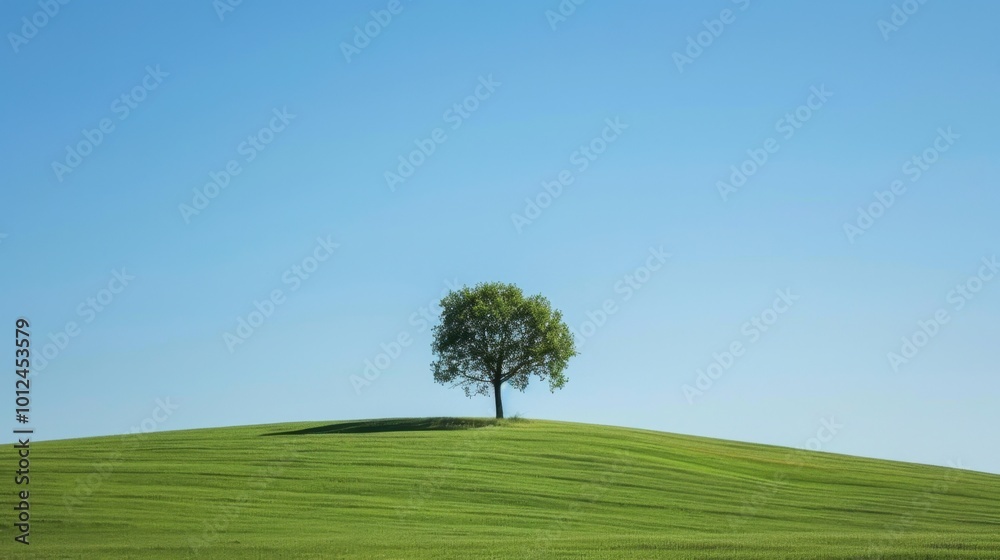 Lone Tree on Green Hill Against Clear Blue Sky Lone Tree on Green Hill Against Clear Blue Sky