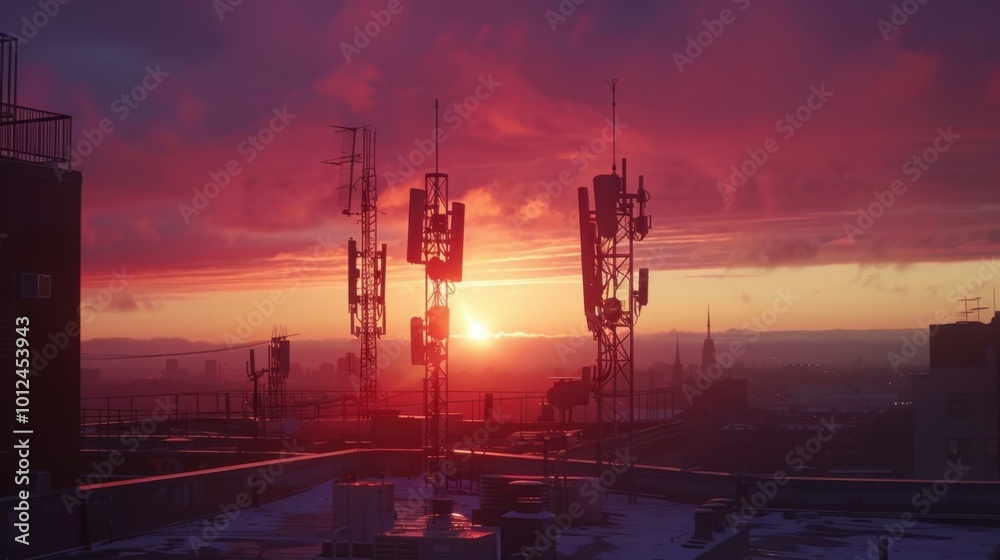 Naklejka premium Sunset View Over Communication Towers in Cityscape