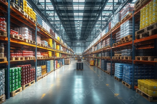 An expansive warehouse aisle filled with pallets of goods, showcasing the efficient organization of modern logistics.