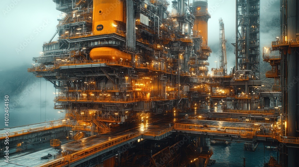 An offshore oil rig stands tall amidst fog and mist, with a network of platforms and pipes. An offshore oil rig stands tall amidst fog and mist, with a network of platforms and pipes.