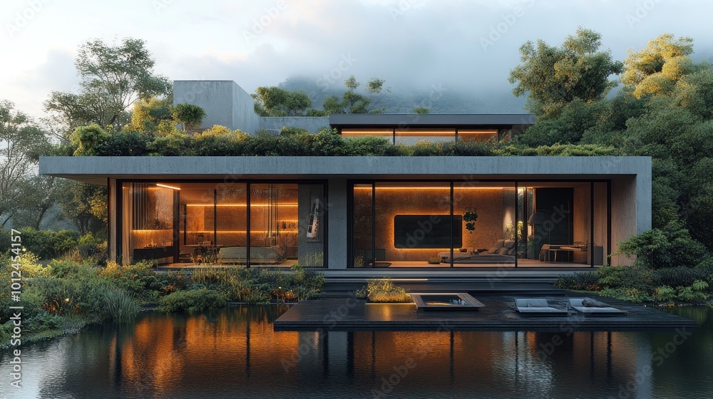 Modern minimalist house with a green roof and a pond in the front yard. Modern minimalist house with a green roof and a pond in the front yard.