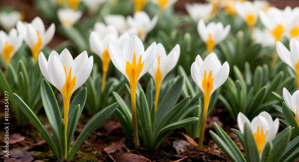 White saffron crocus flowers background White saffron crocus flowers background