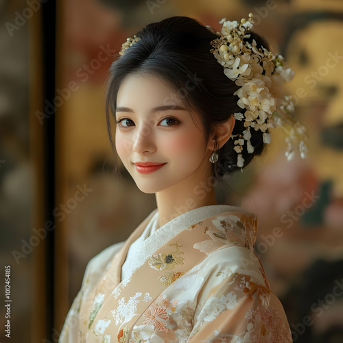 Elegant Woman in Floral Kimono, Realistic Photo