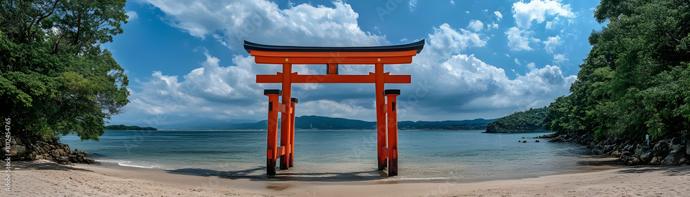 Photo - Tranquil Japanese Beach with Traditional Torii Gate at Water's Edge Photo - Tranquil Japanese Beach with Traditional Torii Gate at Water's Edge