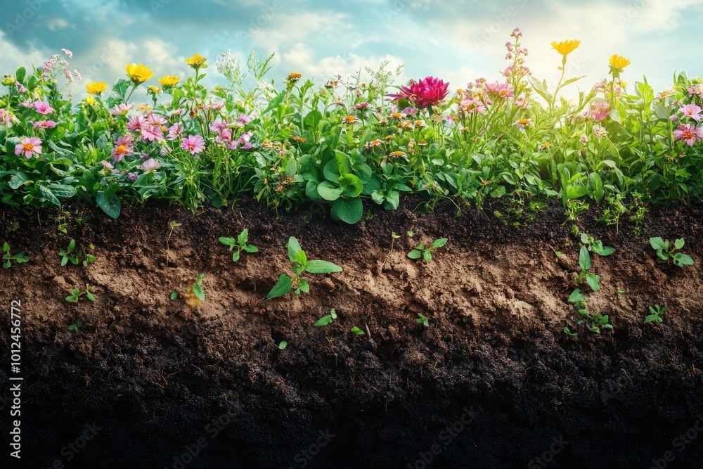 A close-up of soil with wildflowers growing from it. The soil is rich and dark, and the flowers are in bloom. The sky is blue and sunny. A close-up of soil with wildflowers growing from it. The soil is rich and dark, and the flowers are in bloom. The sky is blue and sunny.