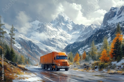 A semi-truck drives along a winding mountain road with snow-capped peaks in the background. The road is wet and there are trees on either side. photo