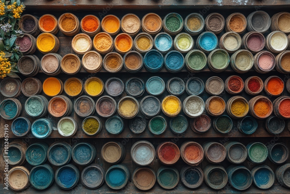 A colorful array of spices in small round containers are arranged on a wooden shelf. The spices range in color from yellow to orange, red, green, blue and purple. A colorful array of spices in small round containers are arranged on a wooden shelf. The spices range in color from yellow to orange, red, green, blue and purple.