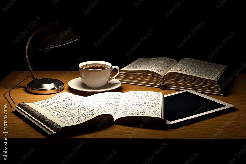 Cozy study space with open book, tablet, cup of coffee, and lamp on wooden desk in warm lighting, ideal for night learning or reading. Cozy study space with open book, tablet, cup of coffee, and lamp on wooden desk in warm lighting, ideal for night learning or reading.