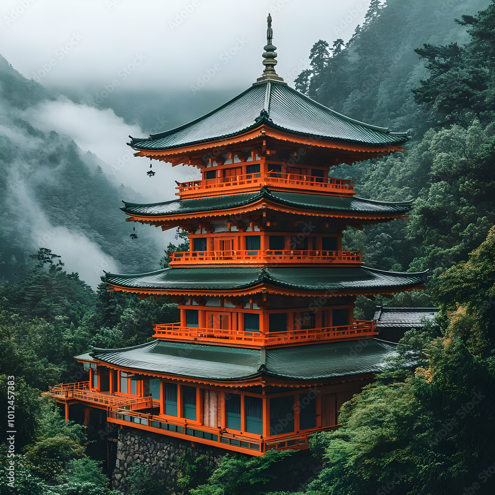 Japanese Pagoda Temple in Misty Mountains Photo Japanese Pagoda Temple in Misty Mountains Photo