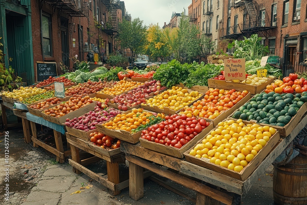 Obraz premium A vibrant farmers market stall with fresh produce, including tomatoes, onions, lemons, and avocados, lined up in wooden crates on a city street.