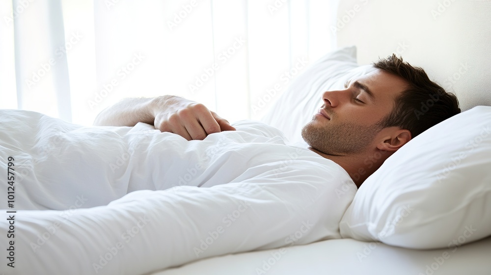 A peaceful side view of a man sleeping in bed, captured in profile as he enjoys a restful slumber. The serene atmosphere is enhanced by soft bedding and a calming environment, A peaceful side view of a man sleeping in bed, captured in profile as he enjoys a restful slumber. The serene atmosphere is enhanced by soft bedding and a calming environment,
