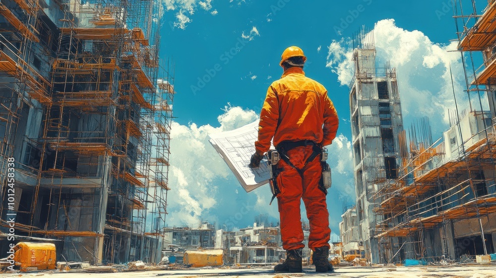A construction worker in an orange jumpsuit stands on a construction site holding blueprints, looking up at the scaffolding. A construction worker in an orange jumpsuit stands on a construction site holding blueprints, looking up at the scaffolding.