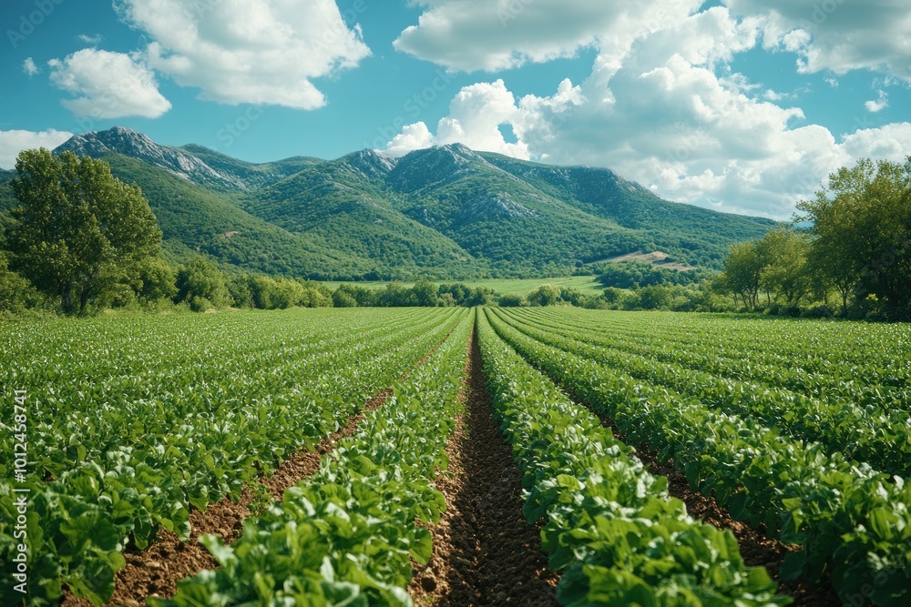 A vast field of crops stretches out towards a mountain range, under a clear blue sky. A vast field of crops stretches out towards a mountain range, under a clear blue sky.