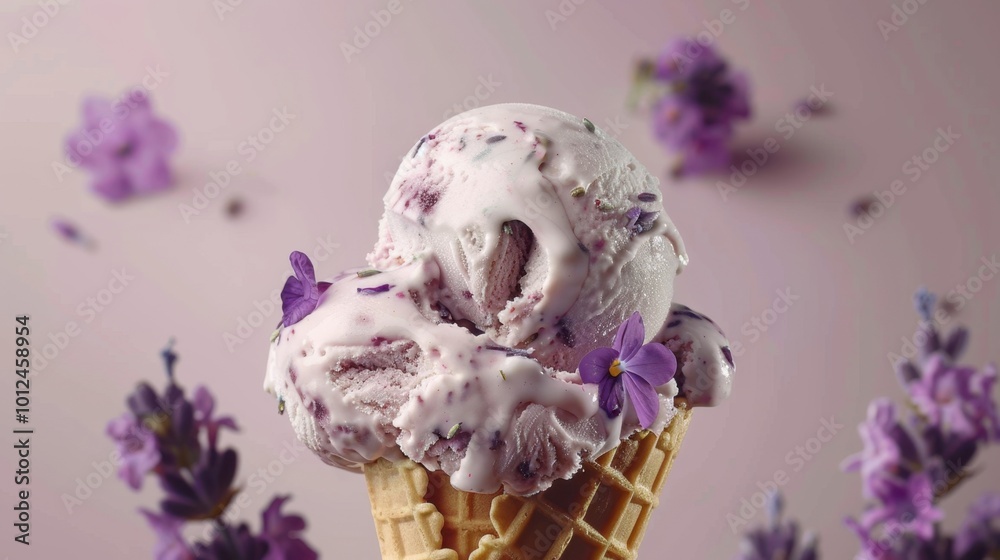 Naklejka premium Lavender Ice Cream Cone with Flowers