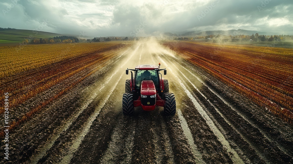 A red tractor drives through a muddy field, leaving tire tracks in its wake. The field is plowed and ready for planting, and the sky is overcast with rain clouds. A red tractor drives through a muddy field, leaving tire tracks in its wake. The field is plowed and ready for planting, and the sky is overcast with rain clouds.