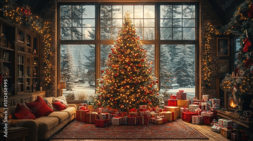 A large Christmas tree with lights and ornaments, surrounded by presents, in a rustic living room with a fireplace and a view of a snowy landscape. A large Christmas tree with lights and ornaments, surrounded by presents, in a rustic living room with a fireplace and a view of a snowy landscape.