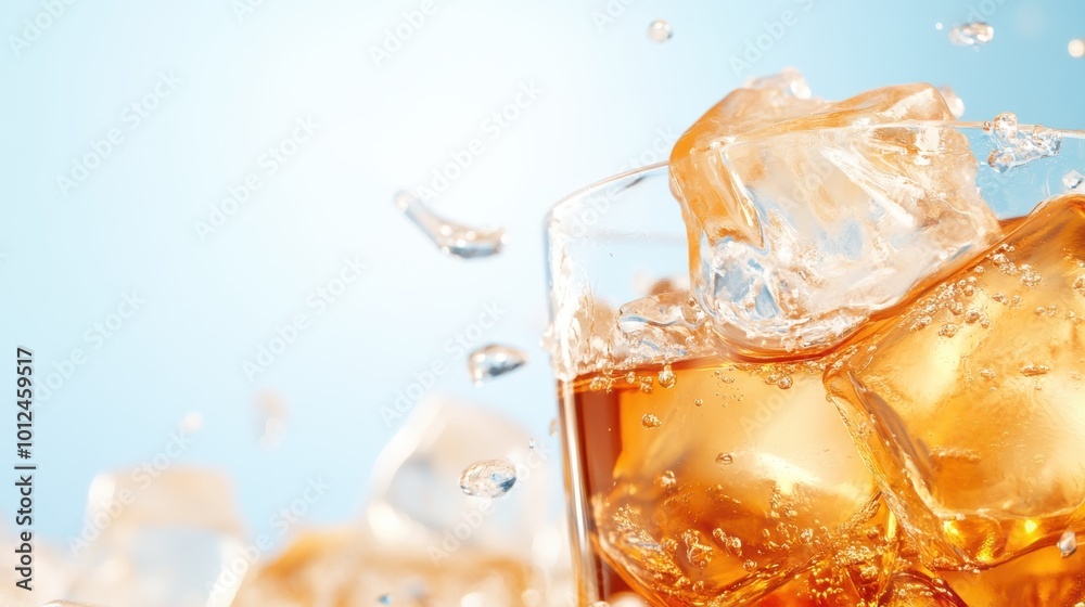 A vivid depiction of an inviting amber-colored drink with ice cubes in a glass, highlighted by droplets and set against a bright blue backdrop, symbolizing refreshment. A vivid depiction of an inviting amber-colored drink with ice cubes in a glass, highlighted by droplets and set against a bright blue backdrop, symbolizing refreshment.