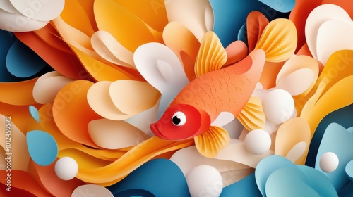 The image portrays a fish surrounded by flowing, colorful abstract shapes, creating a vibrant, artistic scene that combines natural and artistic elements seamlessly. photo