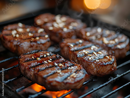 Photo of Delicious Sesame Seed Steaks Sizzling on a Hot Grill photo