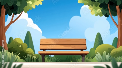 A bright park scene featuring a wooden bench under a clear blue sky, surrounded by trees and greenery, evoking feelings of warmth and relaxation. photo