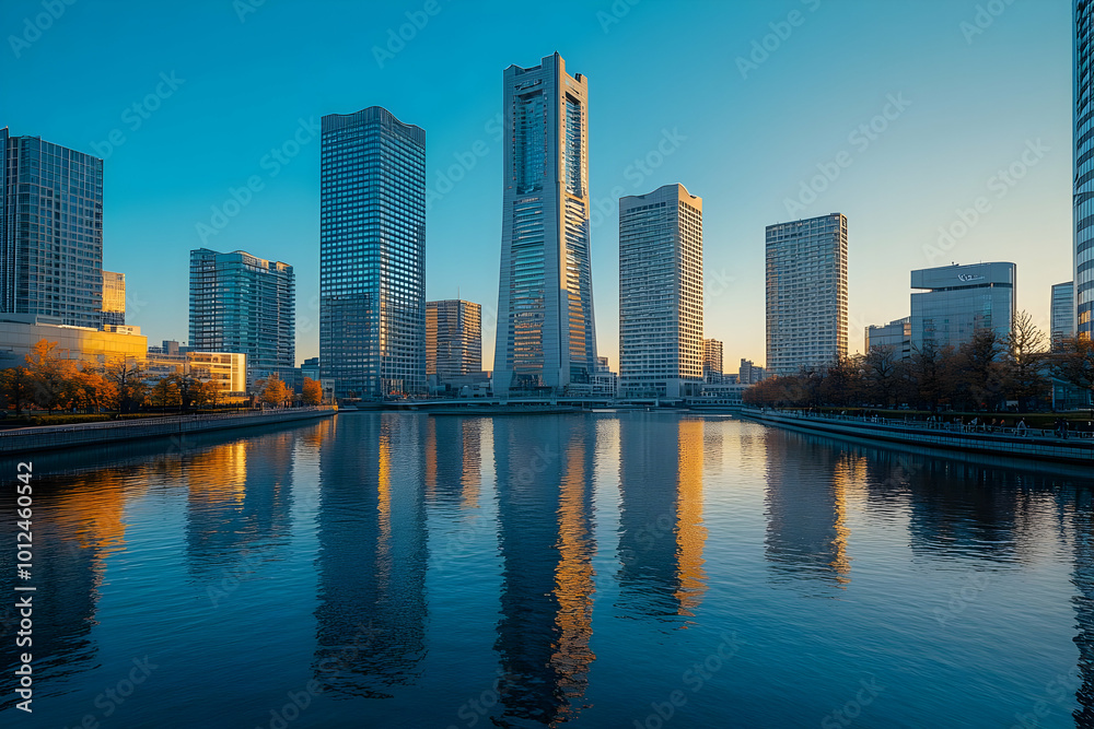 Obraz premium Photo: Yokohama Landmark Tower and Cityscape Reflected in Calm Water at Sunset