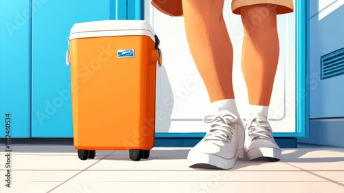 A stylistically simple composition showing a person in sneakers standing next to a vibrant orange cooler, evoking a sense of readiness for outdoor adventures. photo