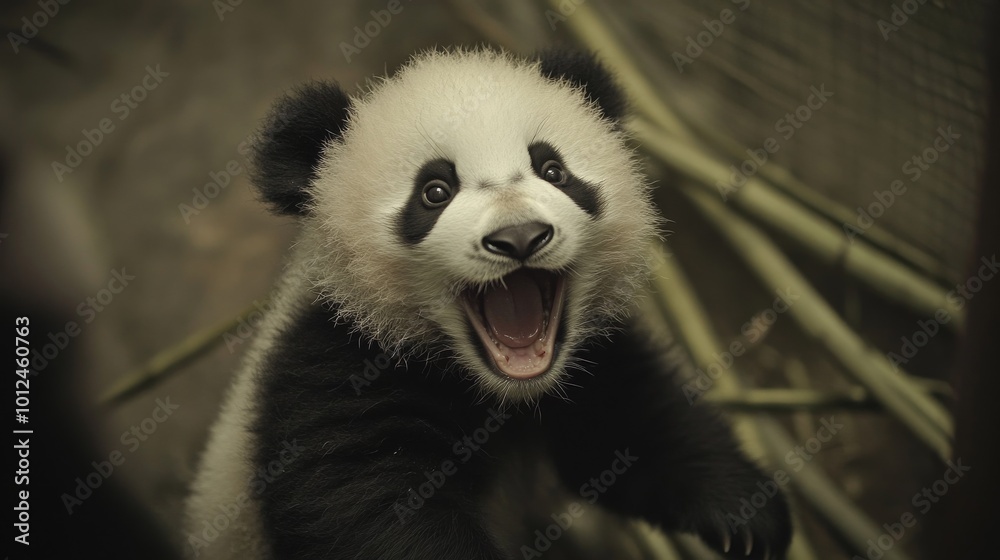 A baby panda is smiling and making a funny face. The baby panda is in a zoo enclosure A baby panda is smiling and making a funny face. The baby panda is in a zoo enclosure