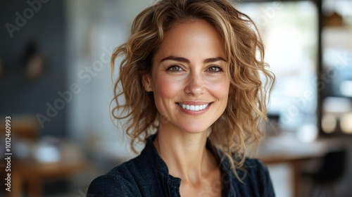 A young woman with a bright smile and curly blonde hair.