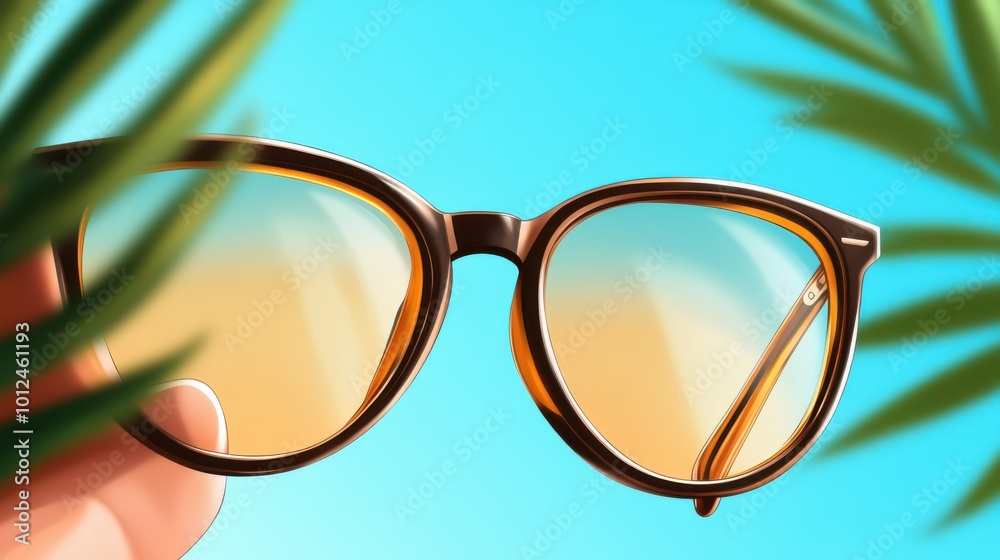 A pair of trendy orange sunglasses is held aloft against a clear blue sky, organically framed by tropical palm leaves, evoking a sense of vacation and relaxation. A pair of trendy orange sunglasses is held aloft against a clear blue sky, organically framed by tropical palm leaves, evoking a sense of vacation and relaxation.