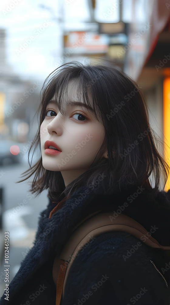 Illustration of a Young Woman with Dark Hair and a Furry Jacket Illustration of a Young Woman with Dark Hair and a Furry Jacket
