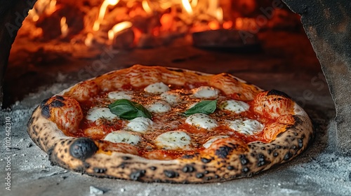 Brick oven handmade pizza margarita from Naples. Napoleon Italian Pizza topped with fresh basil leaves and mozzarella. Margherita pizza made the old-fashioned way in Italy.pizza neapolitana