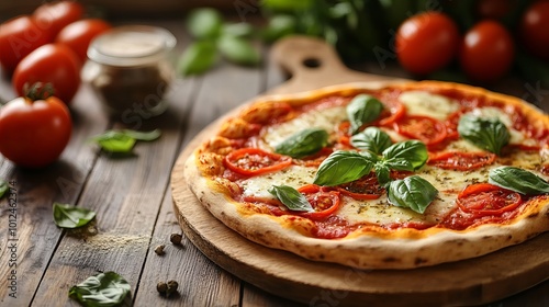Brick oven handmade pizza margarita from Naples. Napoleon Italian Pizza topped with fresh basil leaves and mozzarella. Margherita pizza made the old-fashioned way in Italy.pizza neapolitana