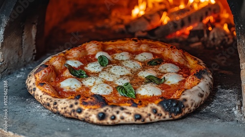 Brick oven handmade pizza margarita from Naples. Napoleon Italian Pizza topped with fresh basil leaves and mozzarella. Margherita pizza made the old-fashioned way in Italy.pizza neapolitana photo