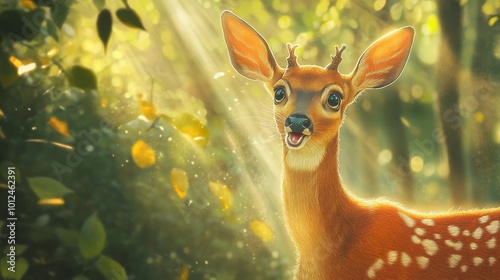 A deer with antlers is standing in a forest. The deer is looking at the camera and he is happy
